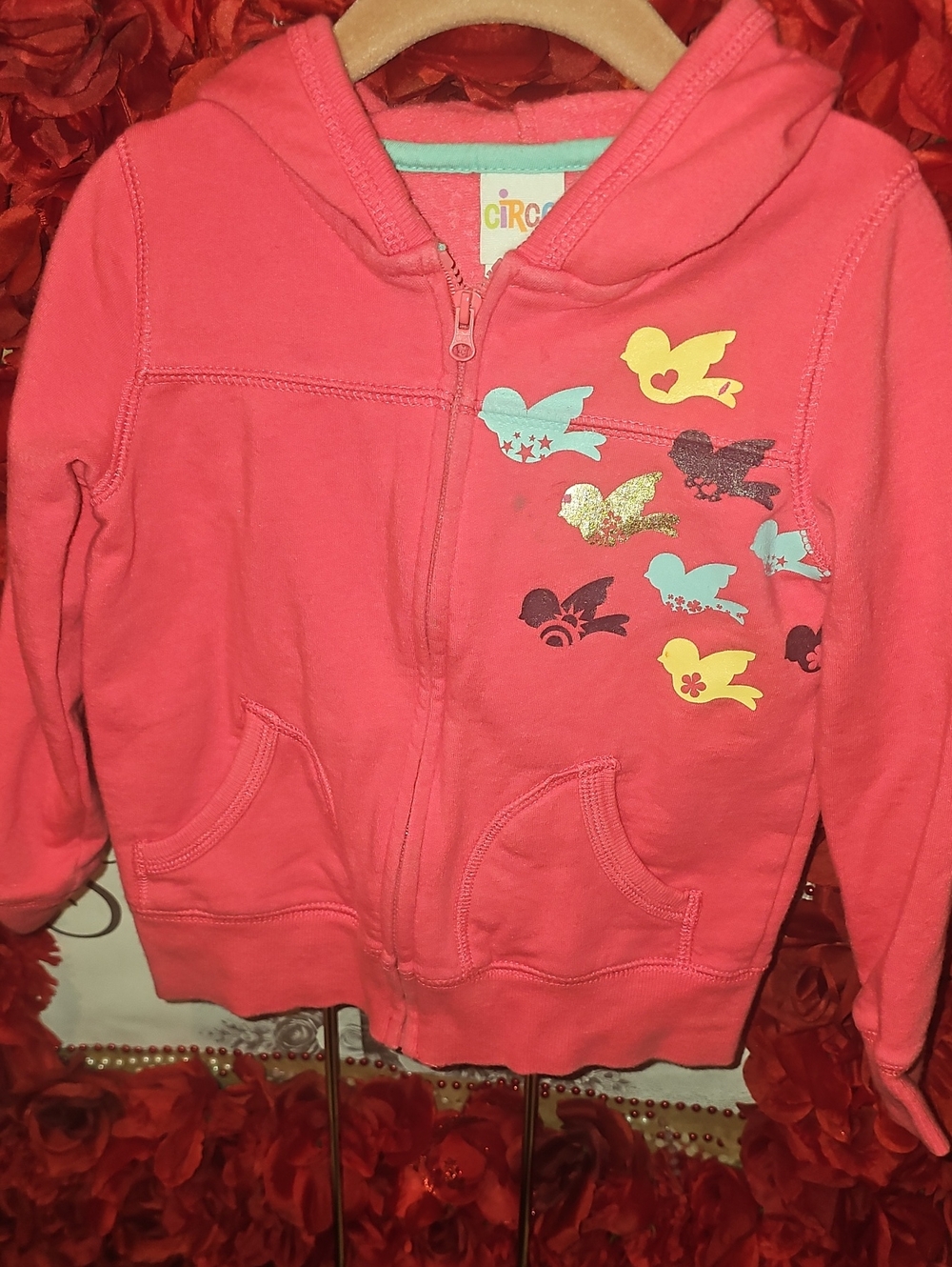 Circo Girls Coral Pink Zip-Up Hoodie with Colorful Bird Motif Size 4T